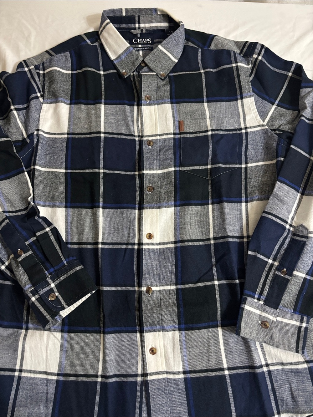 Chaps performance Men’s Navy, Gray and White Plaid Button-Down